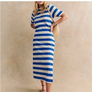 Sezane Emy Blue and White Striped Midi Dress